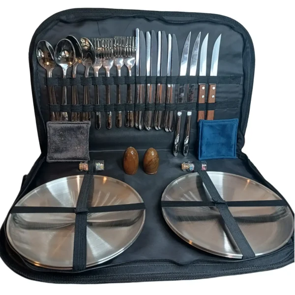 ست استیل کامل کمپینگ ۸ نفره با چاقو و بشقاب استیل